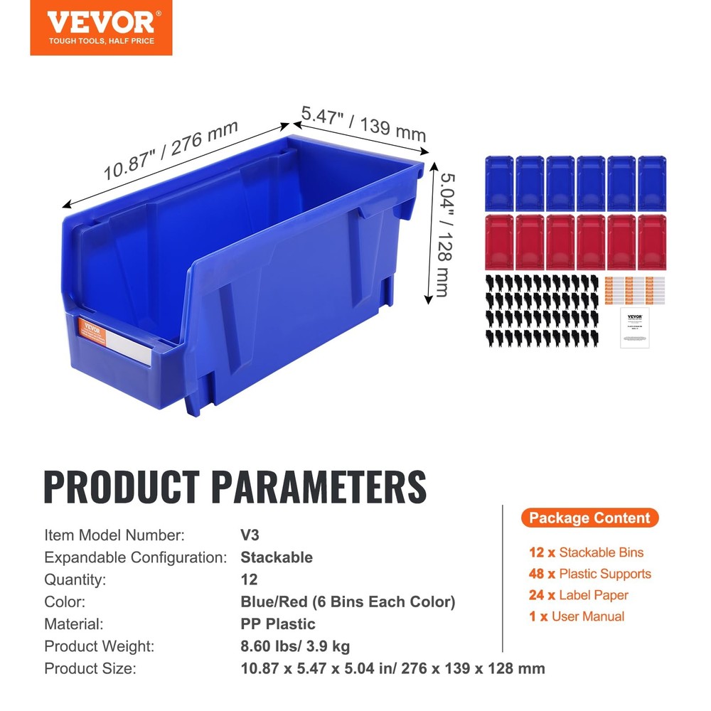 VEVOR 12-Pack Plastic Stackable Storage Bins 11x5x5 Hanging Garage Organizer