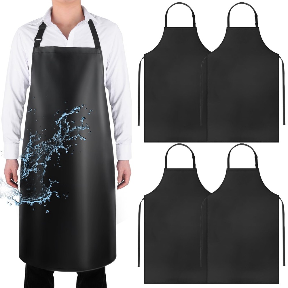 Gotega 4 Pack Waterproof Rubber PVC Apron Adjustable Dishwasher 4 Pack, Black