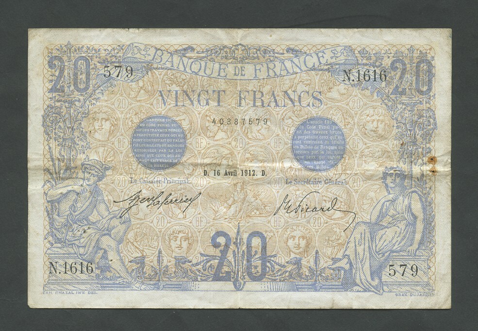 FRANCE  20 francs notes  1912  Krause 68b  Banknotes