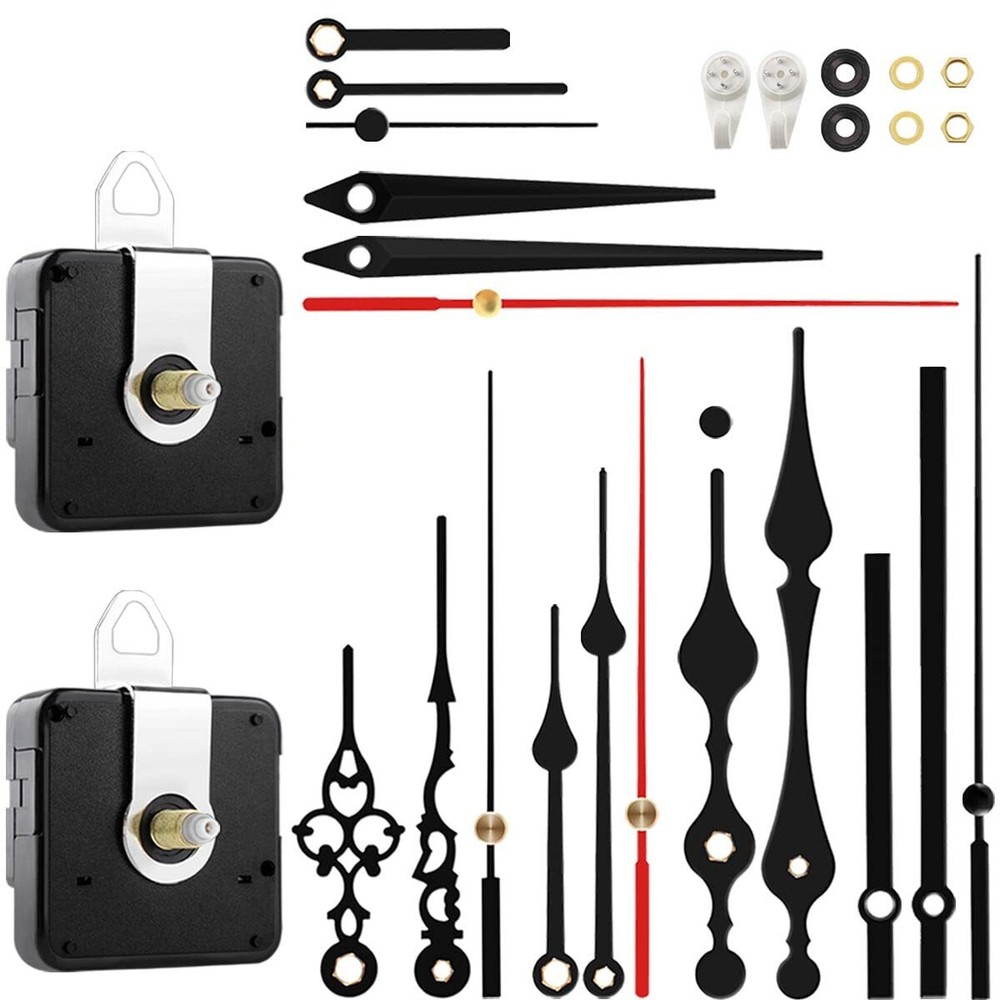2 Non Ticking Clock Movements with 6 Pack Different Size Clock Hands DIY Repa...