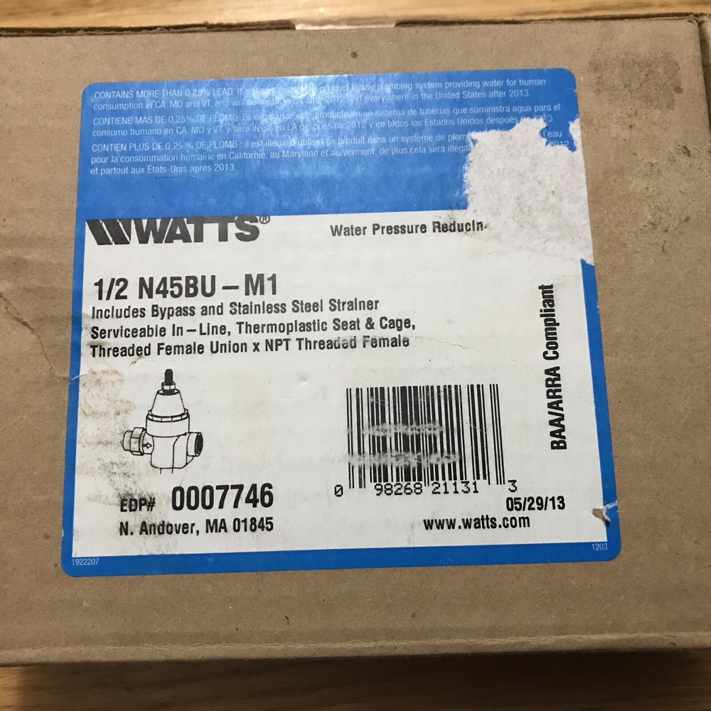 Watts Water Pressure Reducing Valve 1/2” Bypass NEW Brass NIB