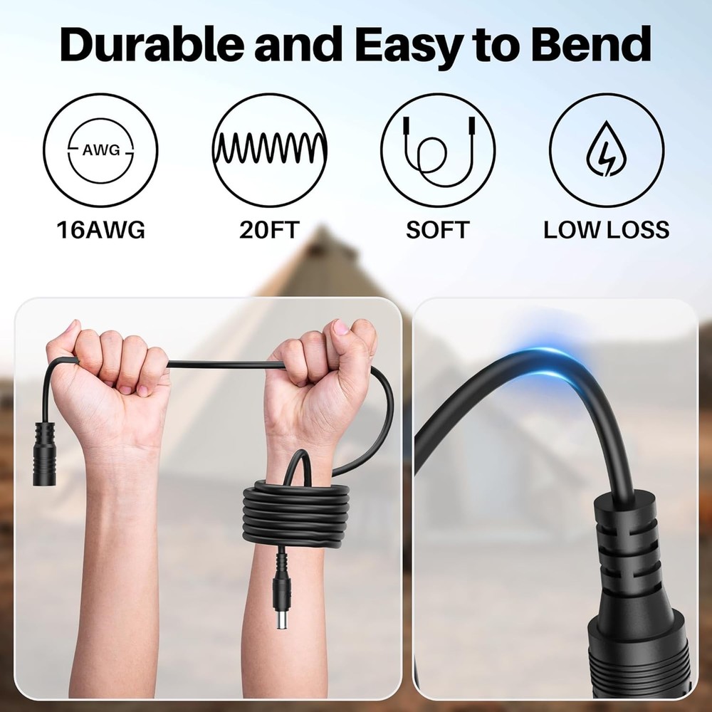 20Ft 16AWG Extension Cable for Solar Panel Adapter, Fits Most below 200W