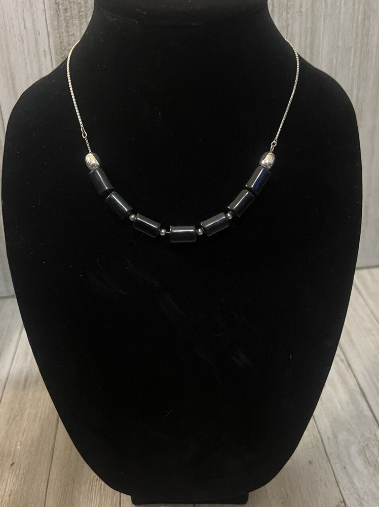 Vintage Black Beads & Silver Tone Necklace