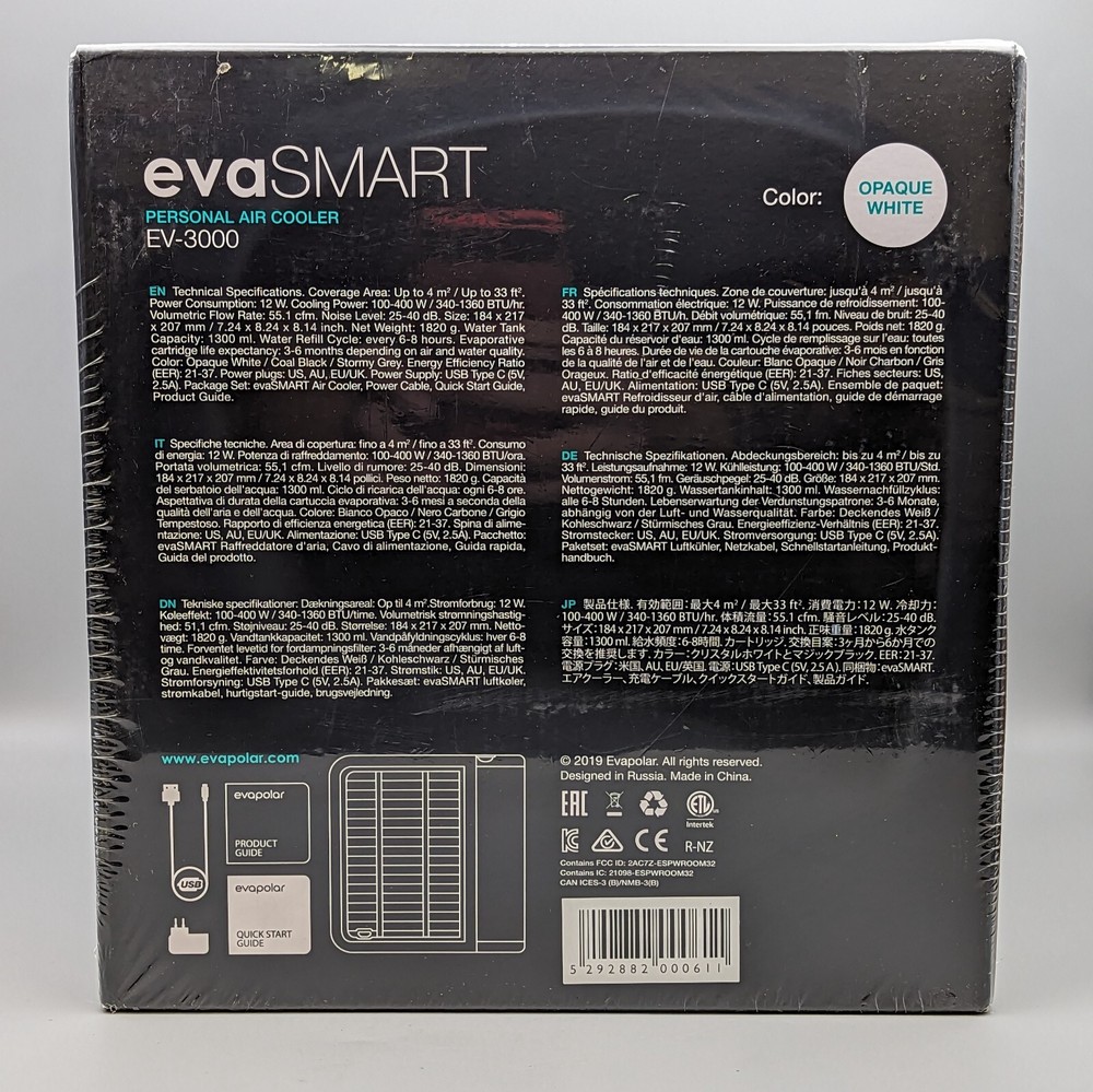 New Evapolar EvaSMART Personal Air Cooler Humidifier EV-3000 White