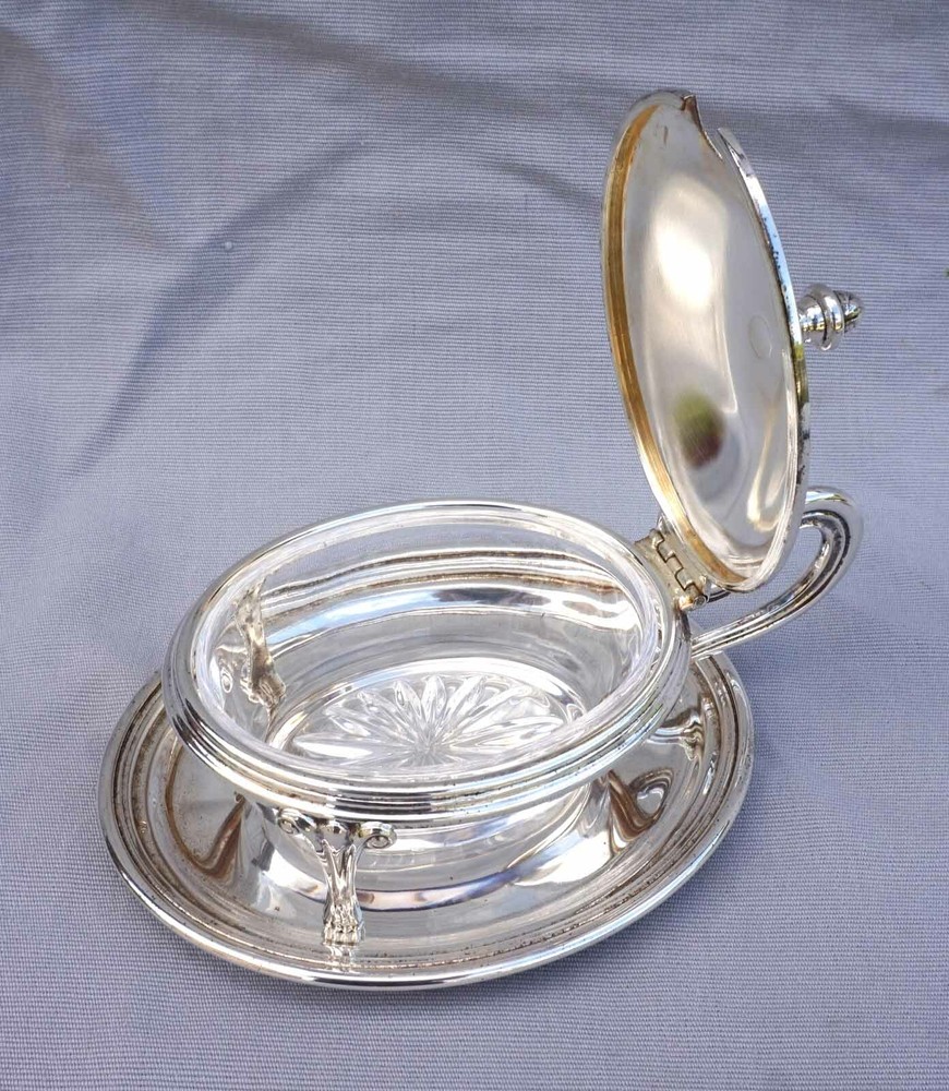 French Jam Condiment Lidded Serving Dish Silverplate Cut Crystal