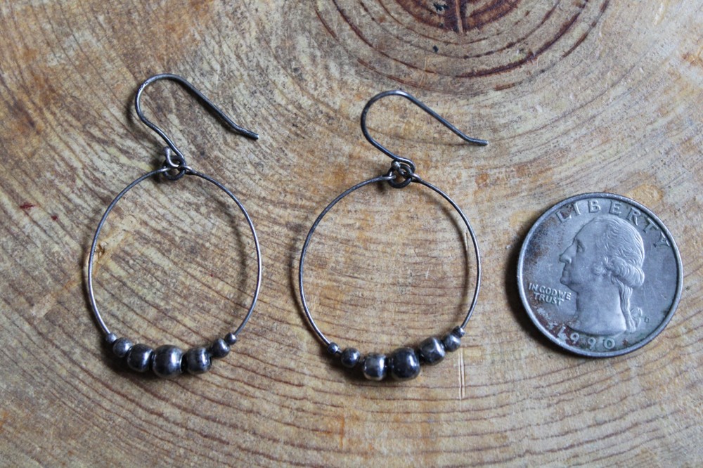 Sterling Silver Round Beads on Hoop Dangle Earrings