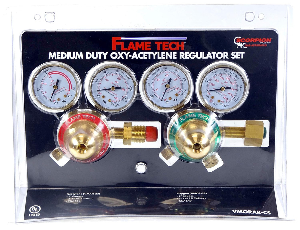 Oxy-Fuel Medium Duty Regulator Set, Solid Forged Brass, Easy-To-Turn Key Style,