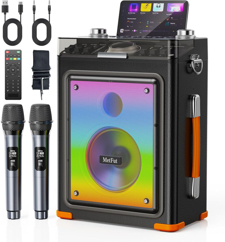 Karaoke Machine, Powerful Bluetooth Speaker with Two Wireless Microphones, Porta