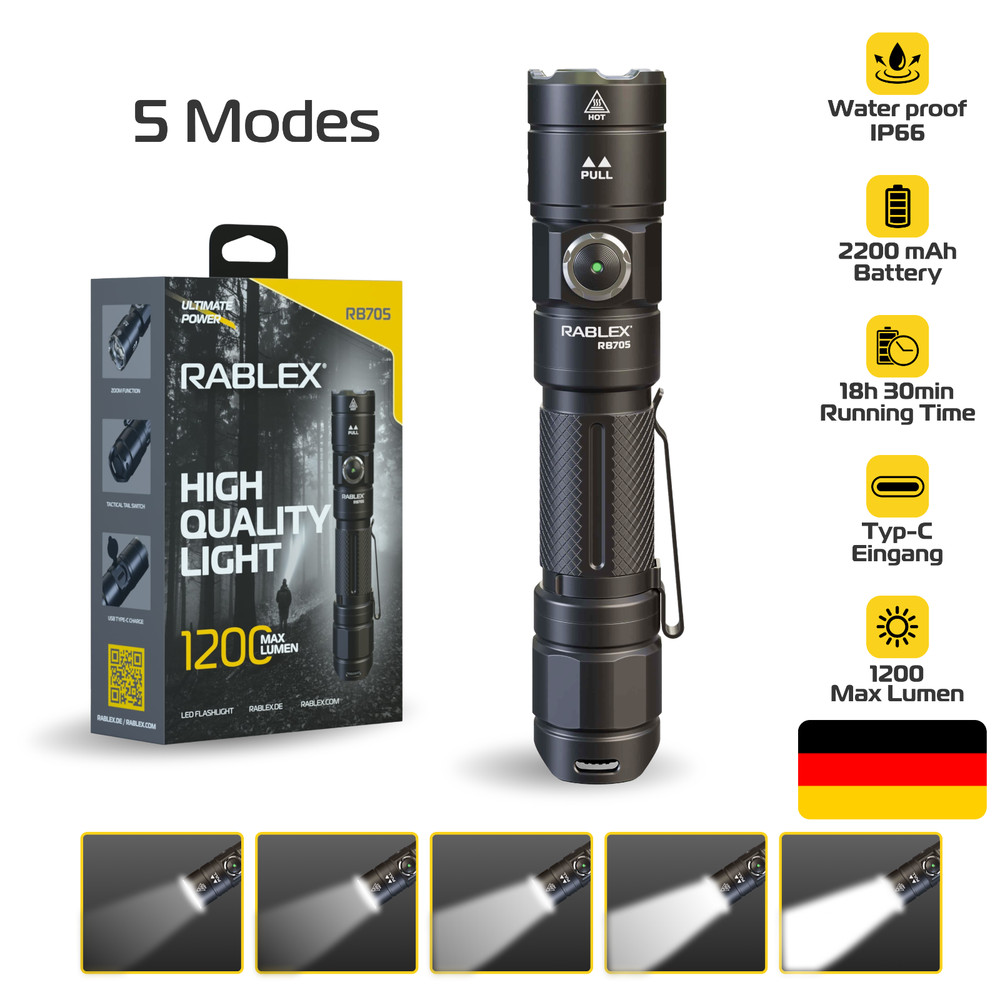 RABLEX LED Flashlight 1200 Lumens - 5 Modes Torch Flashlight, Waterproof