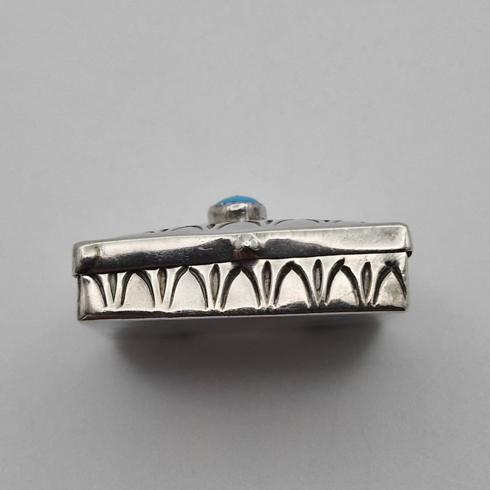 Vintage Sterling Silver Pill Box Rectangular Engraved Blue Turquoise 14.3g