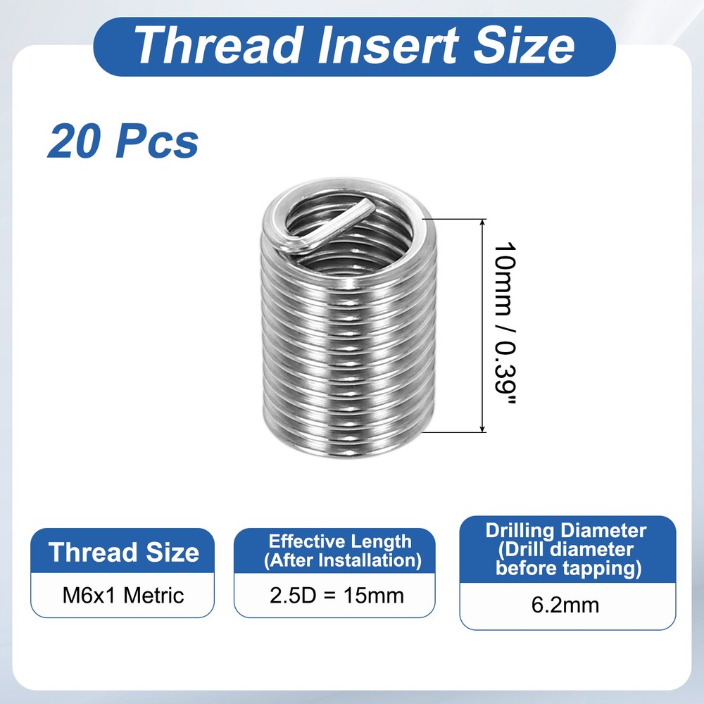 20pcs Wire Thread Inserts M6x1 Metric 2.5D 15mm Helical Threaded Sleeve