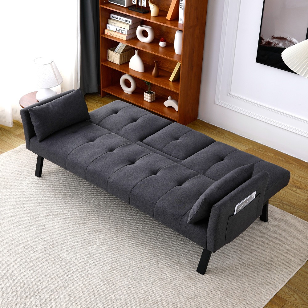 70-inch Multi-functional Cotton and Linen Sofa Bed, Foldable Side Storage