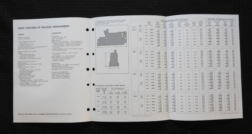 1989 CATERPILLAR 3606 3608 3612 3616 GENERATOR SET ENGINE SPECIFICATION BROCHURE