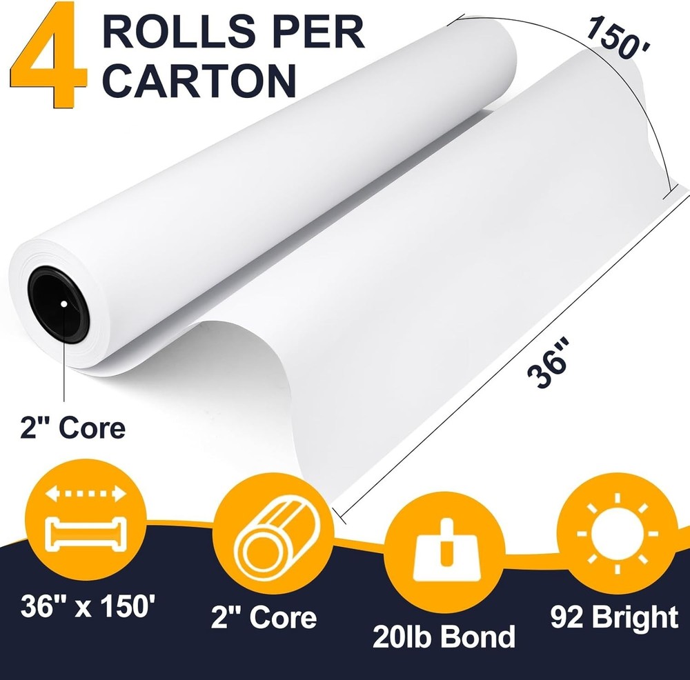 4 Rolls 36" x 150' 20lb Bond Plotter Paper for Wide Format Inkjet Printers US