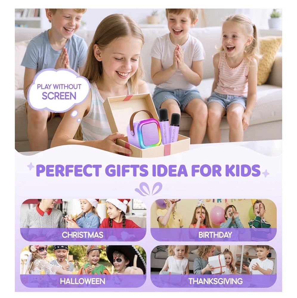 Mini Wireless Karaoke Machine for Kids w/ 2 Microphones Bluetooth Speaker