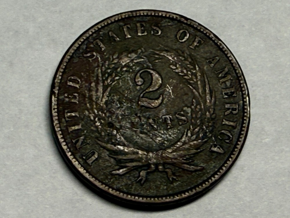 1867 copper U.S. TWO CENT PIECE. 2c. Fine-VF, rough surfaces. #q2