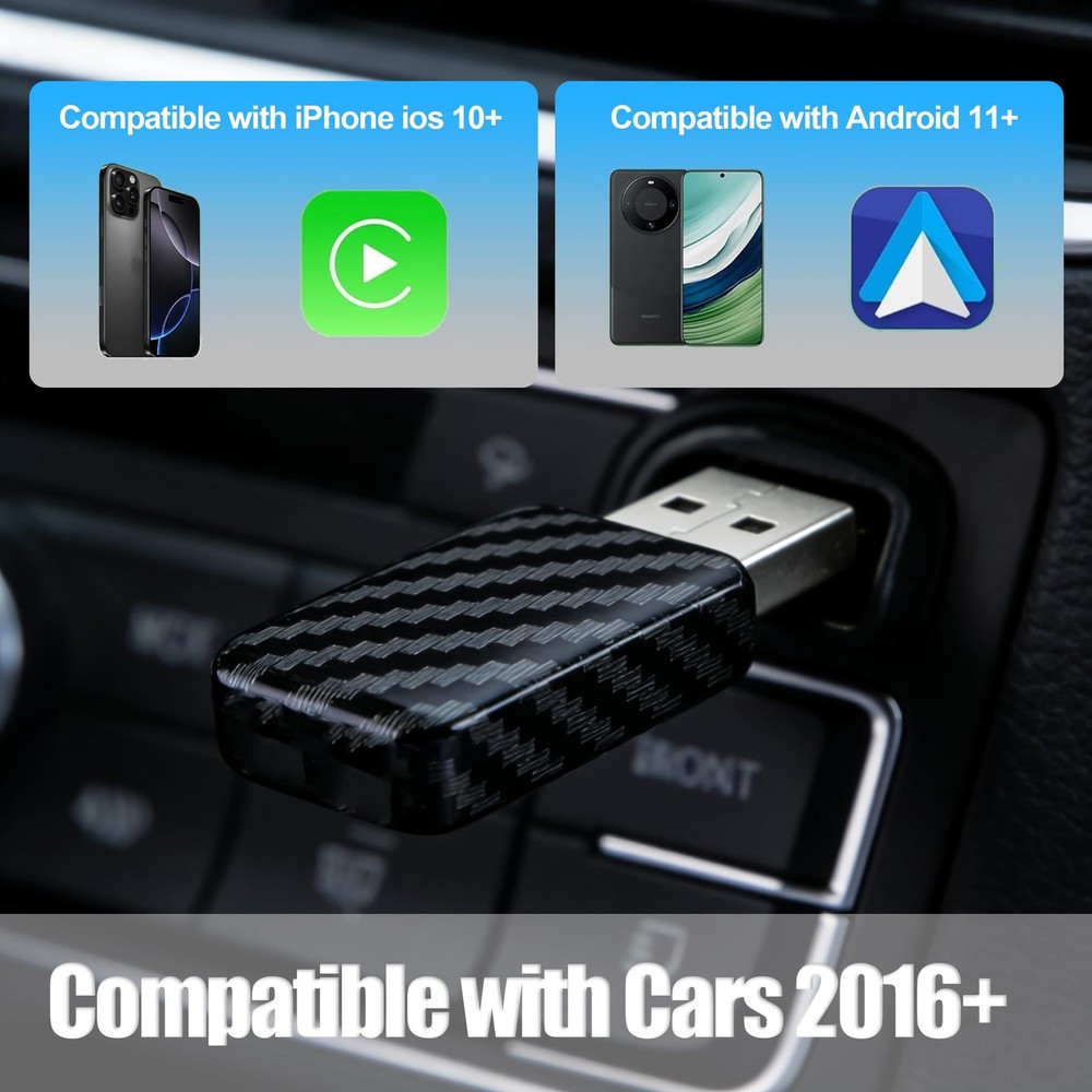 2 in1 Wireless CarPlay Adapter for Apple iPhone & Android, Convert Wired CarP...