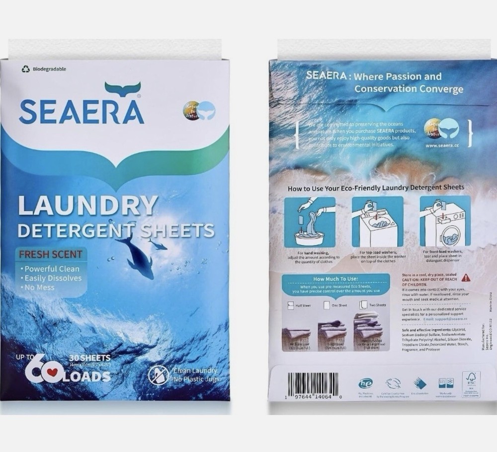 Seaera Laundry Detergent Sheets Liquidless Technology (60 Loads) 30 Sheets