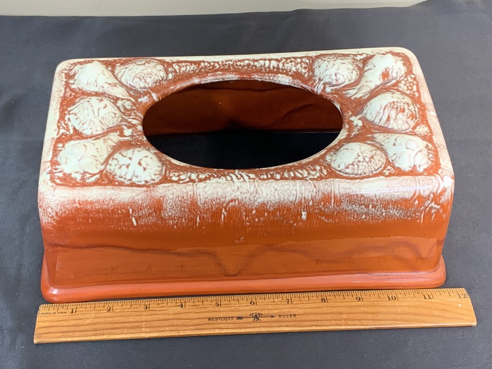 Vintage 60s 70s Retangular Ceramic Tissue Box Brown Drip Glaze Shells Beach