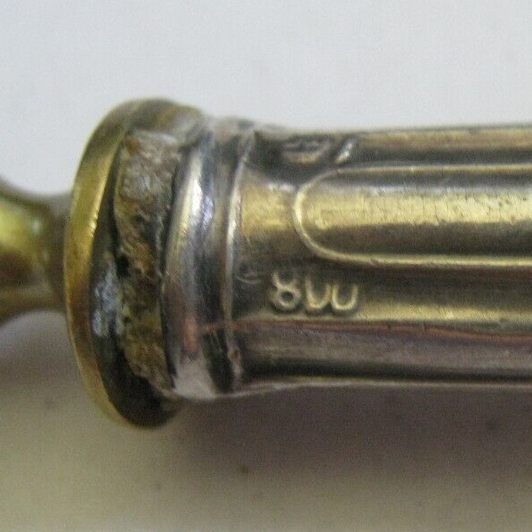 c. 1900 German 800 Silver Handle Brass 6 1/4" Trident Fork, Leaves & Berries
