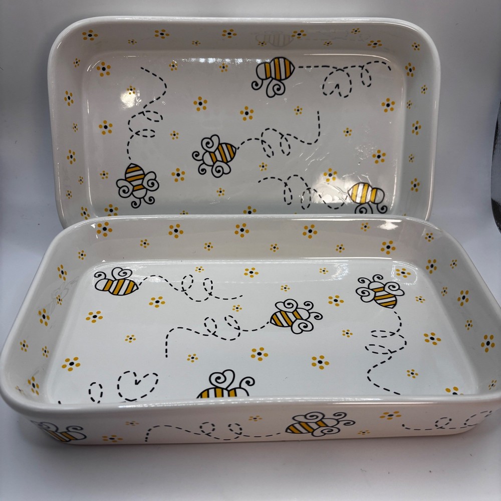 Temp-tations Bee Baking Dish Set 2 Rectangular Casserole 0.75 Qt Oven Safe