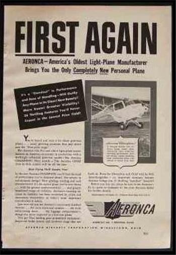 AERONCA Champion 1946 vintage AD "First Again"