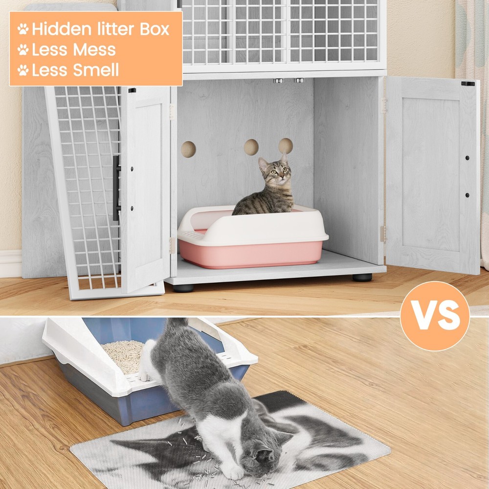 Double Layer Cat Litter Box Enclosure w/Platform & Ladder Indoor White
