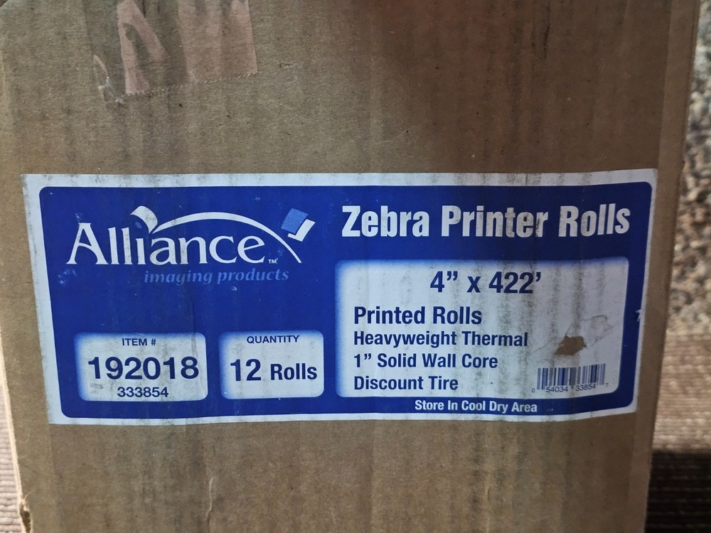 (QTY 12) Zebra Heavyweight Printer Rolls Thermal 1" Solid Wall Core 4" x 422'