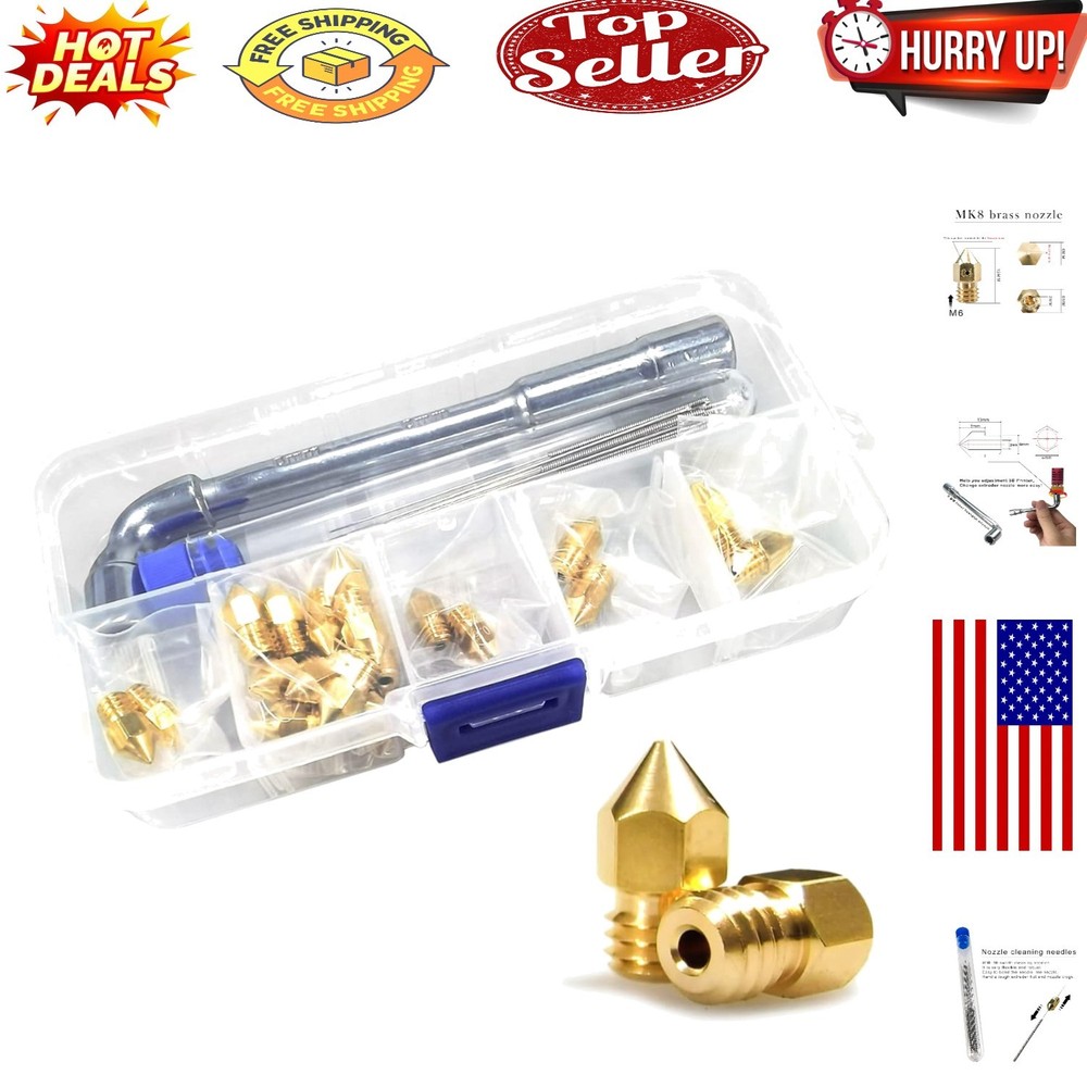 Complete 24-Piece MK8 Brass 3D Printer Nozzle Set - Easy Identification & Tools