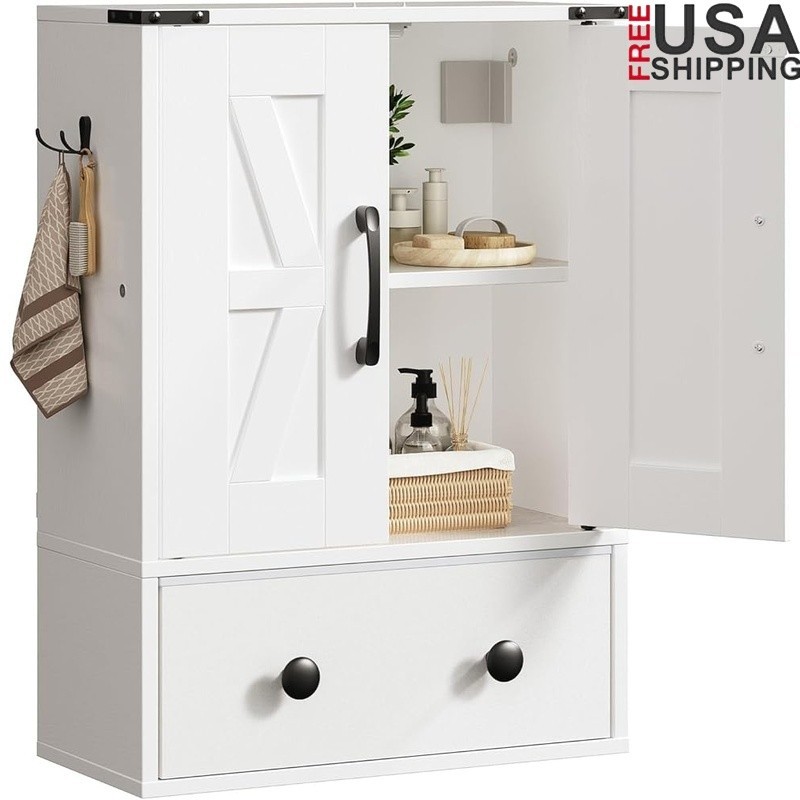Wall Mounted Bathroom Storage Cabinet Adjustable Shelf Rustic Double Door Drawer