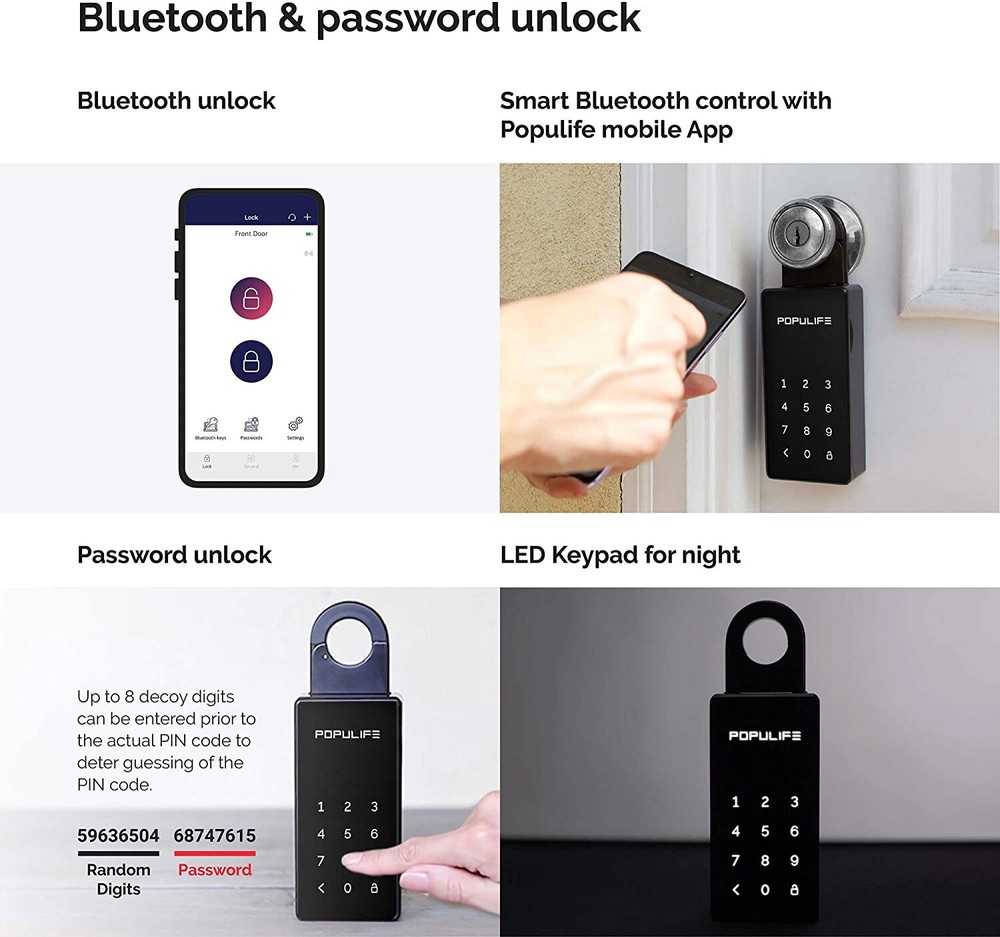 Populife Agent Home Lock Box smart Keybox Bluetooth Key Replaceable Password New