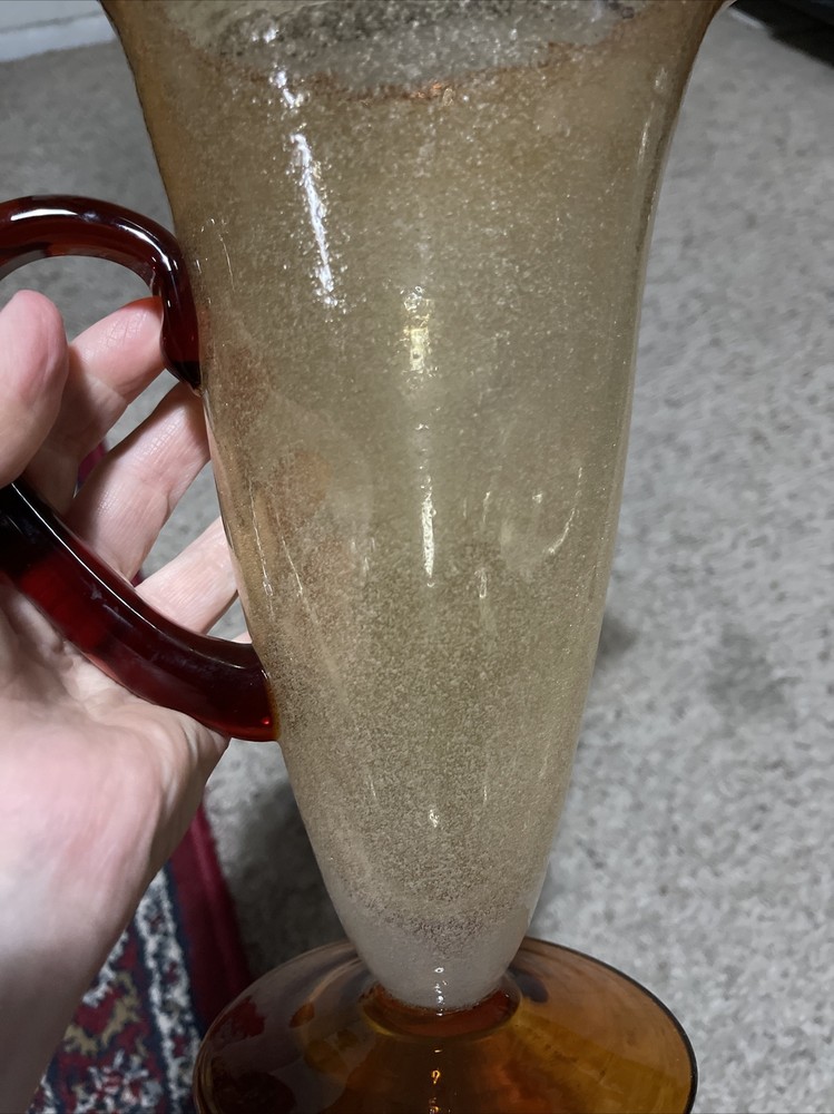 Large Hand Blown Orange/brown Glass Controlled Bubble Pitcher Applied Handle
