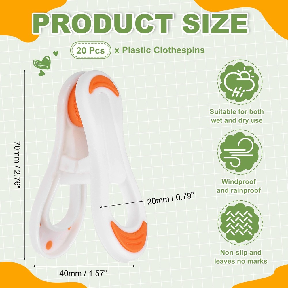 20 Pack Plastic Clothespins, Laundry Clips Spring Clothespins, Orange