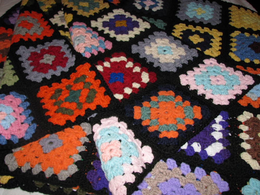 Handmade Crocheted Afghan/Blanket Multicolor & Black Trim Edging