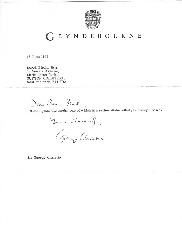 George Christie Signed Letter 1994 / Autographed Opera