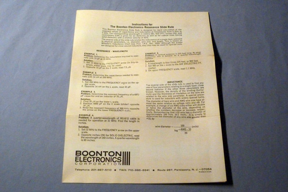 Boonton Electronics Resonance Slide Rule with Instructions