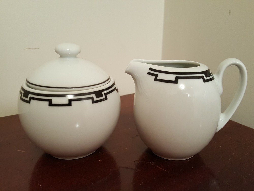 SOMPEX "IONIA" Creamer-Sugar SET Black-White Geometric Pattern Greece