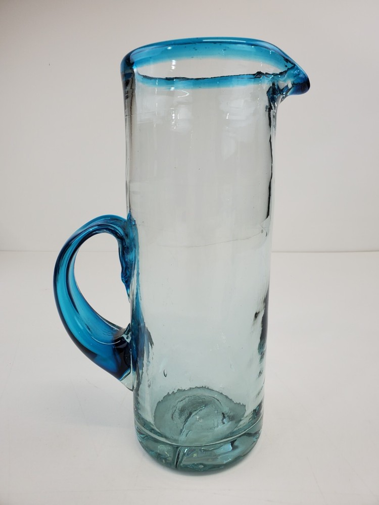 Handblown Tall Blue Heavy Glass Pitcher