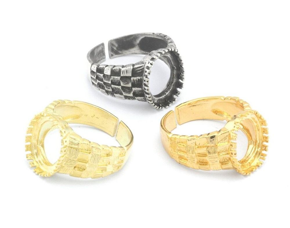 Basket Weave Patterned Blank Signet Ring Adjustable-Raw brass-silver-gold 4692