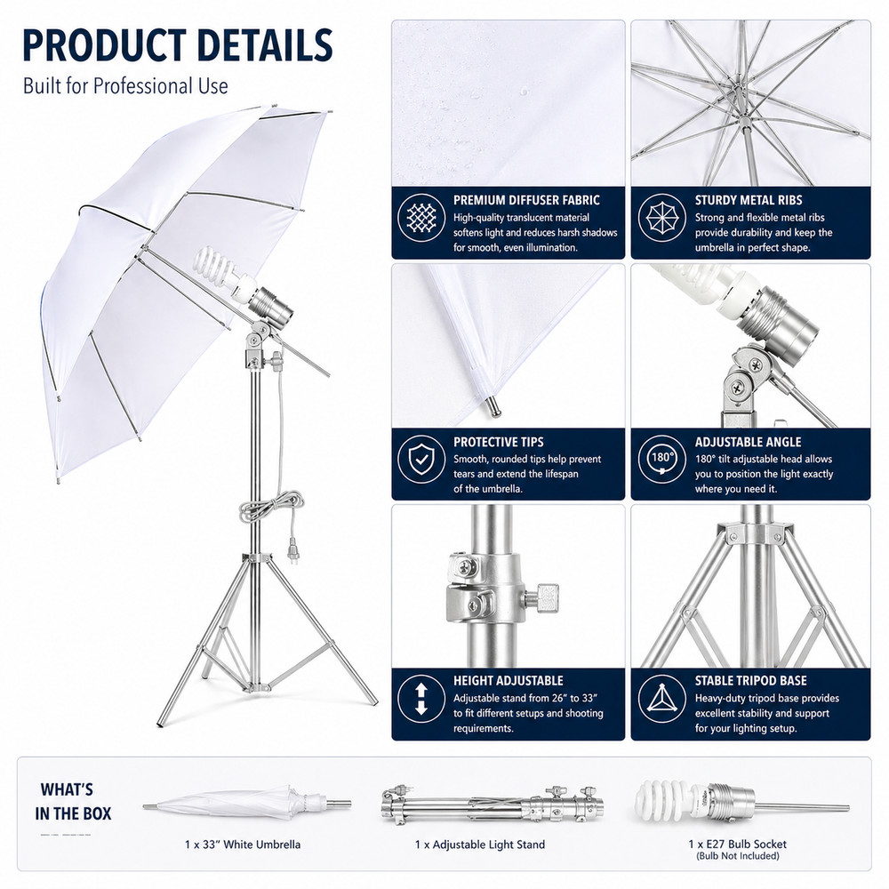 Photography Umbrella 33" Soft Light Diffuser Studio Flash Reflector White