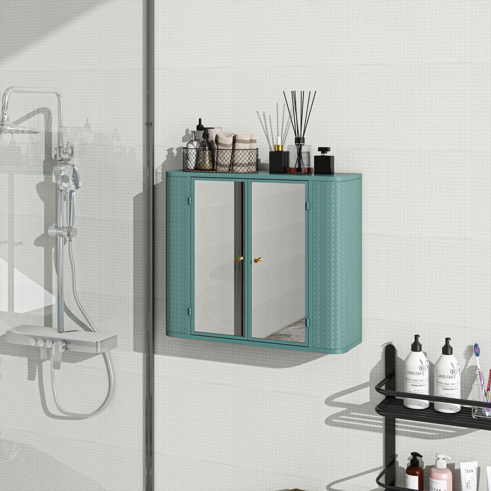 Wall Mounted Bathroom Cabinet W Mirror 2 Mirrored Doors Open Compartment