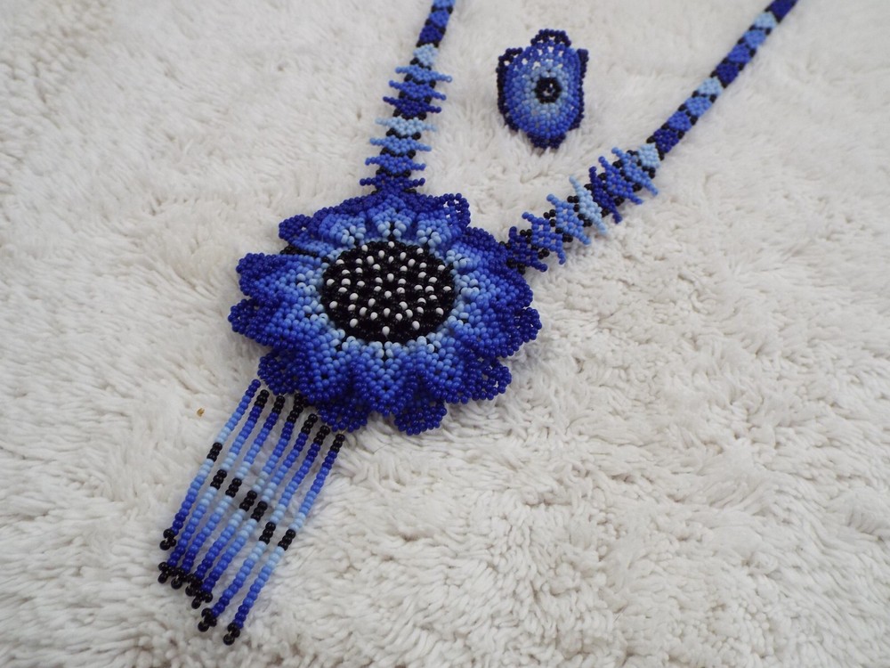 Black Blue Micro Glass Bead Pendant Necklace + Ring