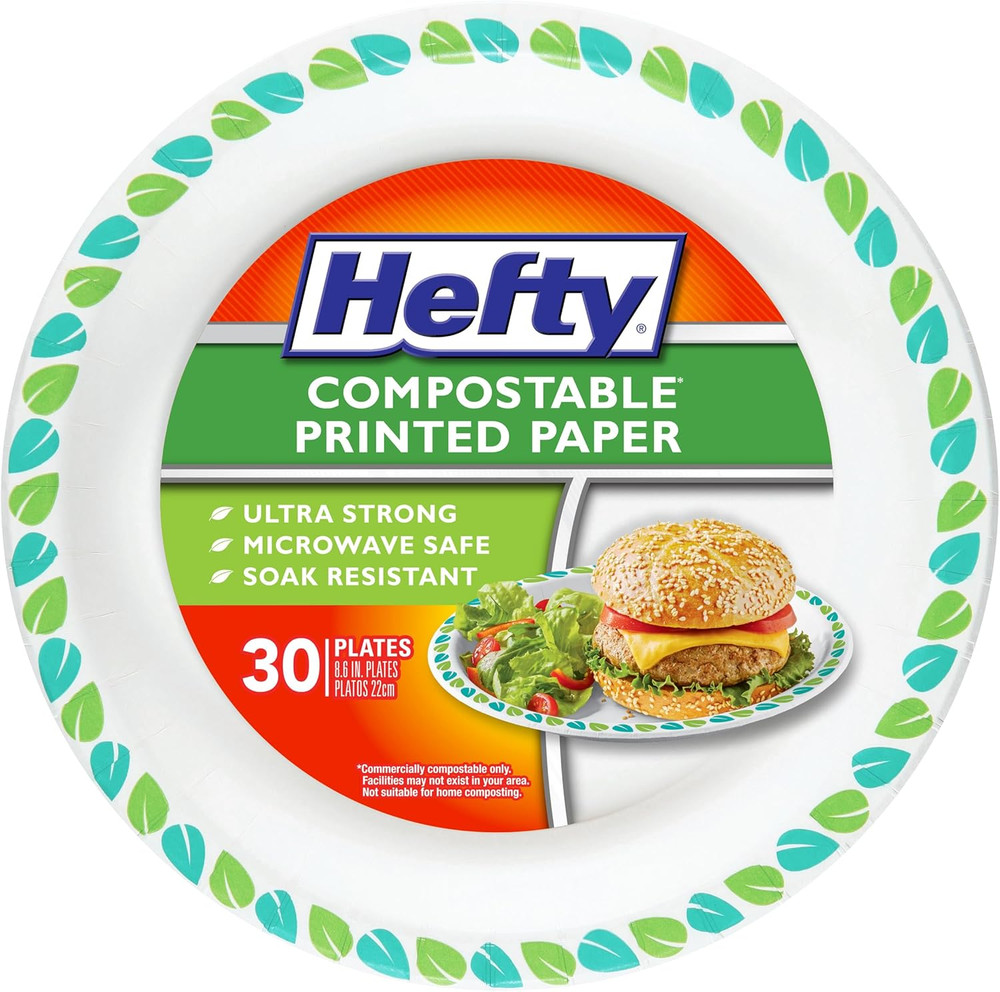 Compostable Paper Plates, 8.6 Inches, 30 Count, Patterned Disposable Plates for