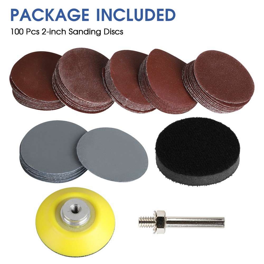 100PCS 2" Sanding Disc Sand Paper Hook Loop Sander+Backer Pad+M6 Drill Adapter