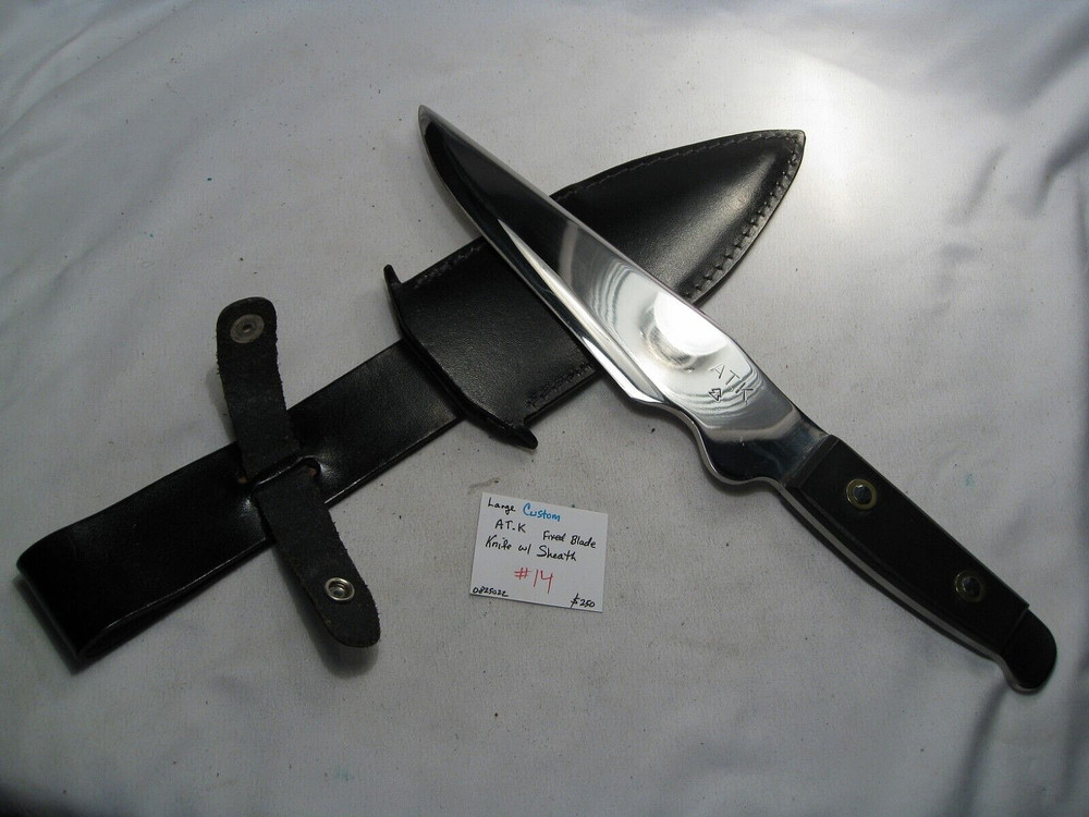 Large CUSTOM AT.K Fixed Blade Knife w/ Sheath.  #14
