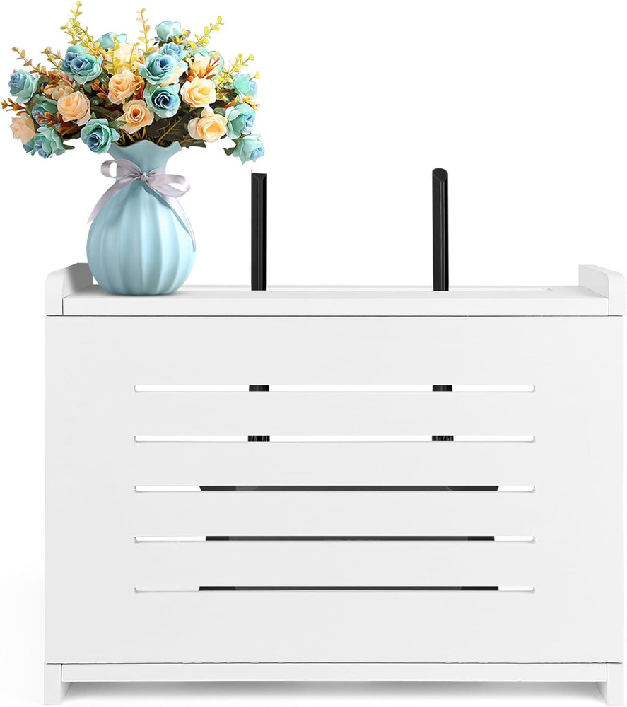 Wall-Mounted Router Shelf with Cable Management - Solid Wood, White Finish