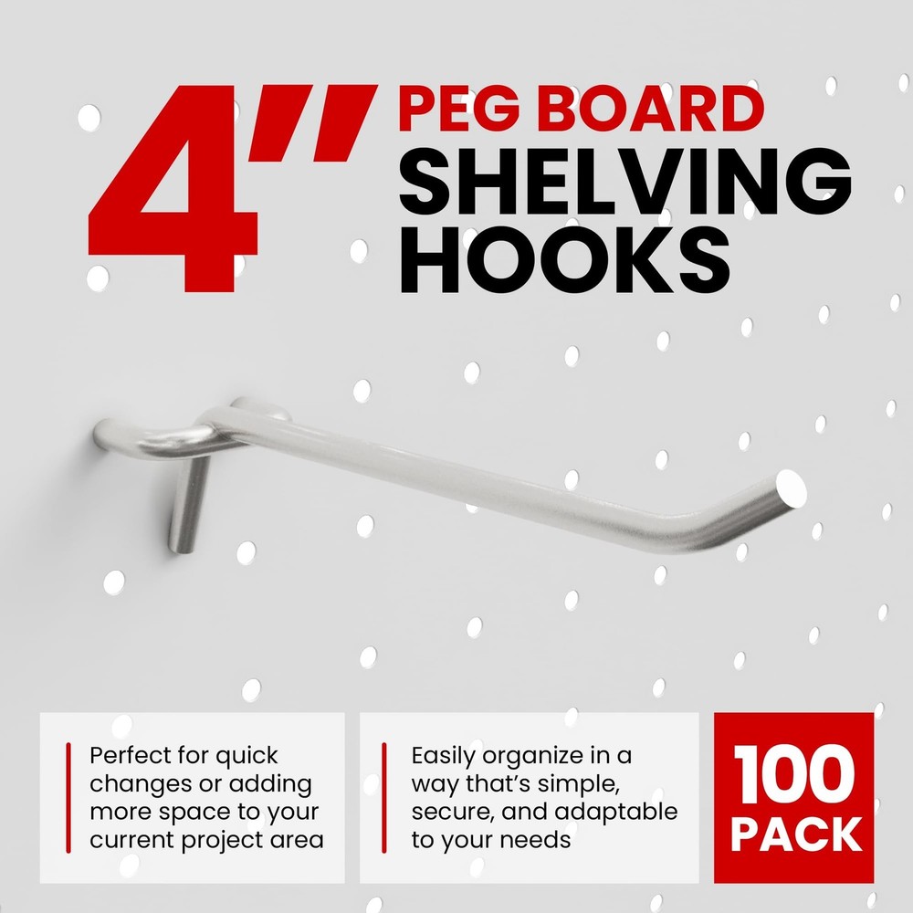 100 Pack PEG Board Pegboard Shelving Hooks 4" Length Metal 100 PC