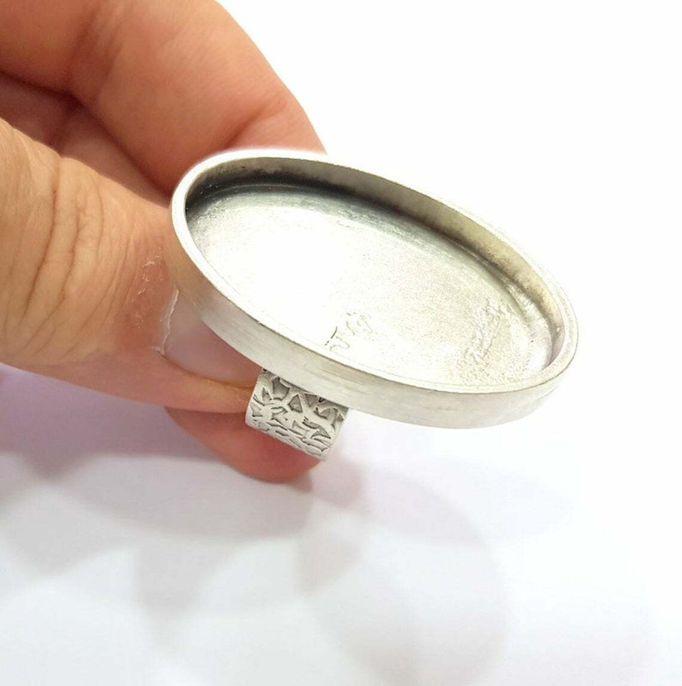 Ring Blank Base Bezel Setting Antique Silver Adjustable 40x30 mm blank G15459