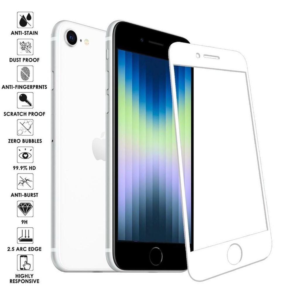 For iPhone SE 2022 2020 7 8 Full Coverage Tempered Glass Screen Protector Cover