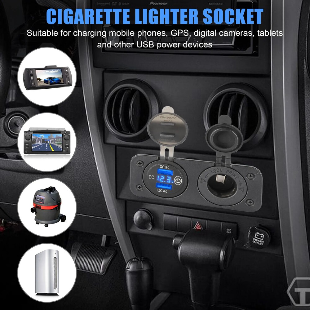 QC3.0 Dual USB Car Fast Charger, Cigarette Lighter Socket Adapter, LED Voltmeter